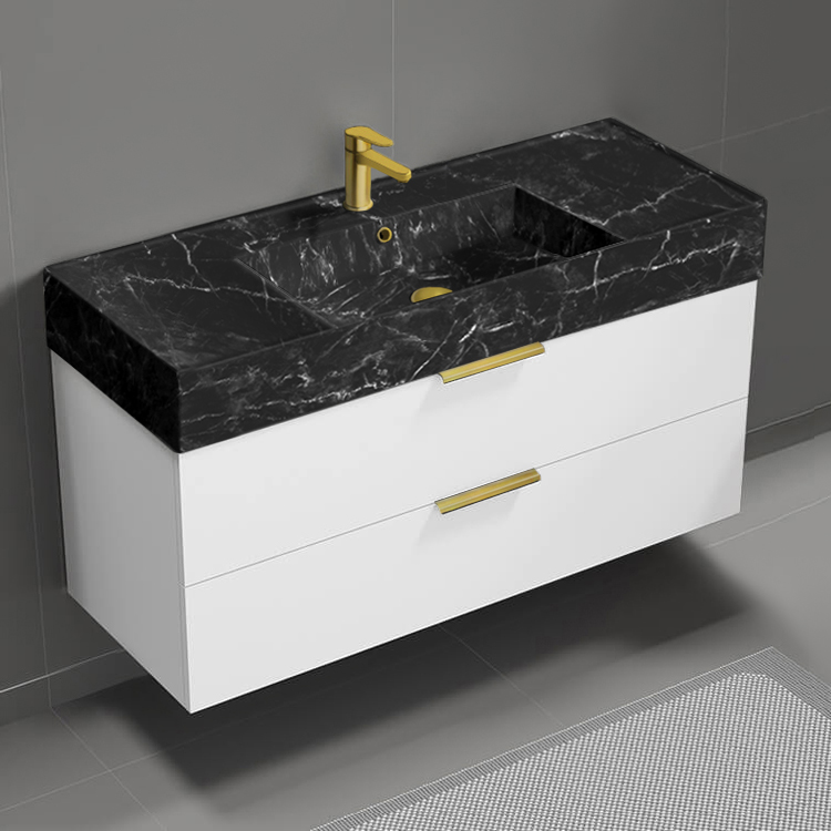 Nameeks DERIN938 Modern Bathroom Vanity With Black Marble Design Sink, Wall Mounted, 48 Inch, Glossy White